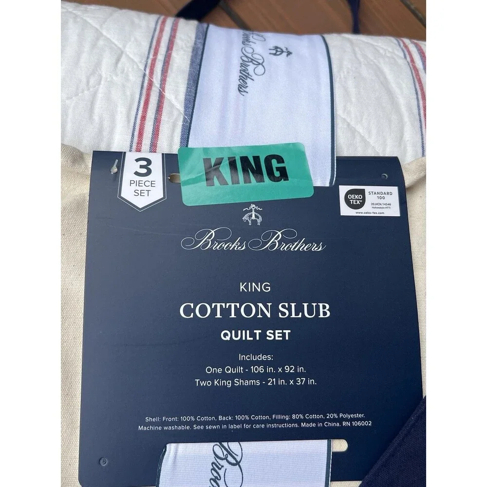 Brooks Brothers Blue Red White Stripes King Cotton Slub Quilt Set 106x92” New